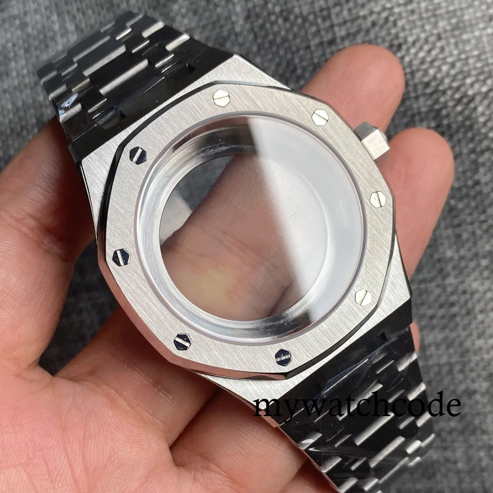 42mm Stainless Steel Octagonal Design Brushed Watch Case Bracelet Sapphire Glass Fit NH35 NH36 NH34 Movement Glass Caseback
