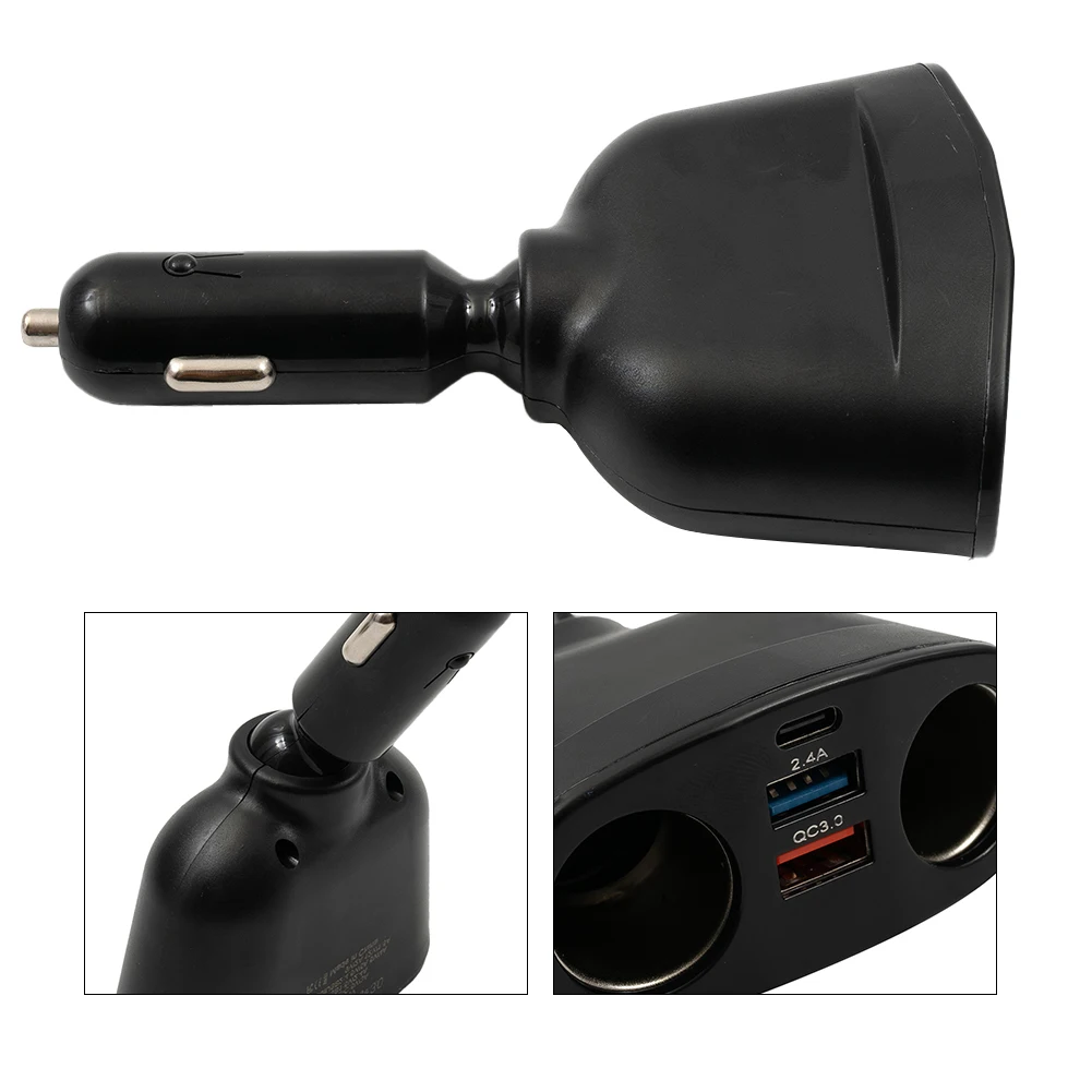 

1x Car Charger 12V/24V Dual USB QC3.0 Power Adapter Auto Lighter Socket Adapter Type-C Car Charger Black Accessories