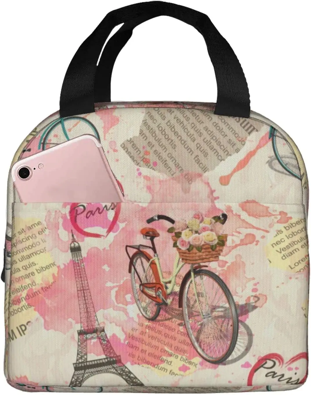 

Mother's Day Paris Eiffel Tower Insulated Lunch Bags Newspaper Lunch Box Bags Bicycle With Flowers Washable Lunch Container Box
