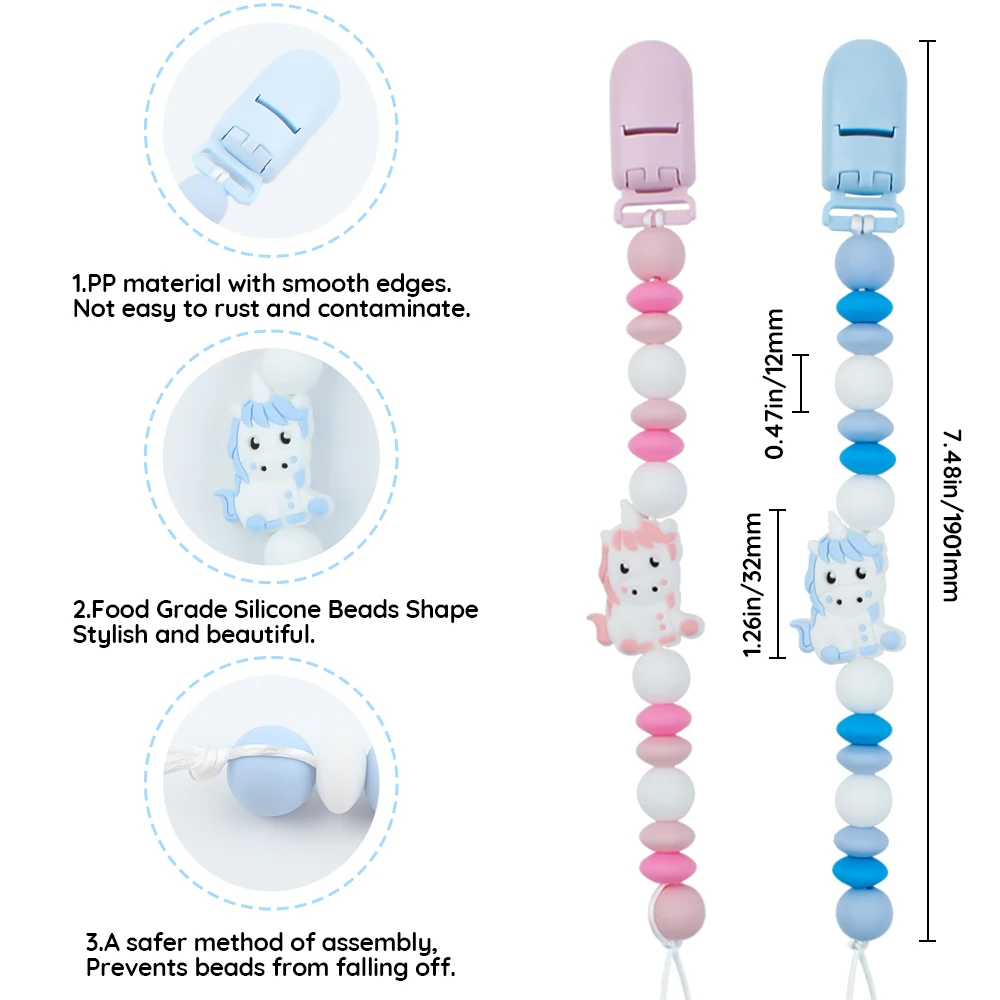 Pacifier Chian Baby Pacifier Holder Unicorn Silicone Beads Anti-Lost Nipple Holder Teething Dummy Holder Chew Gift Accessories