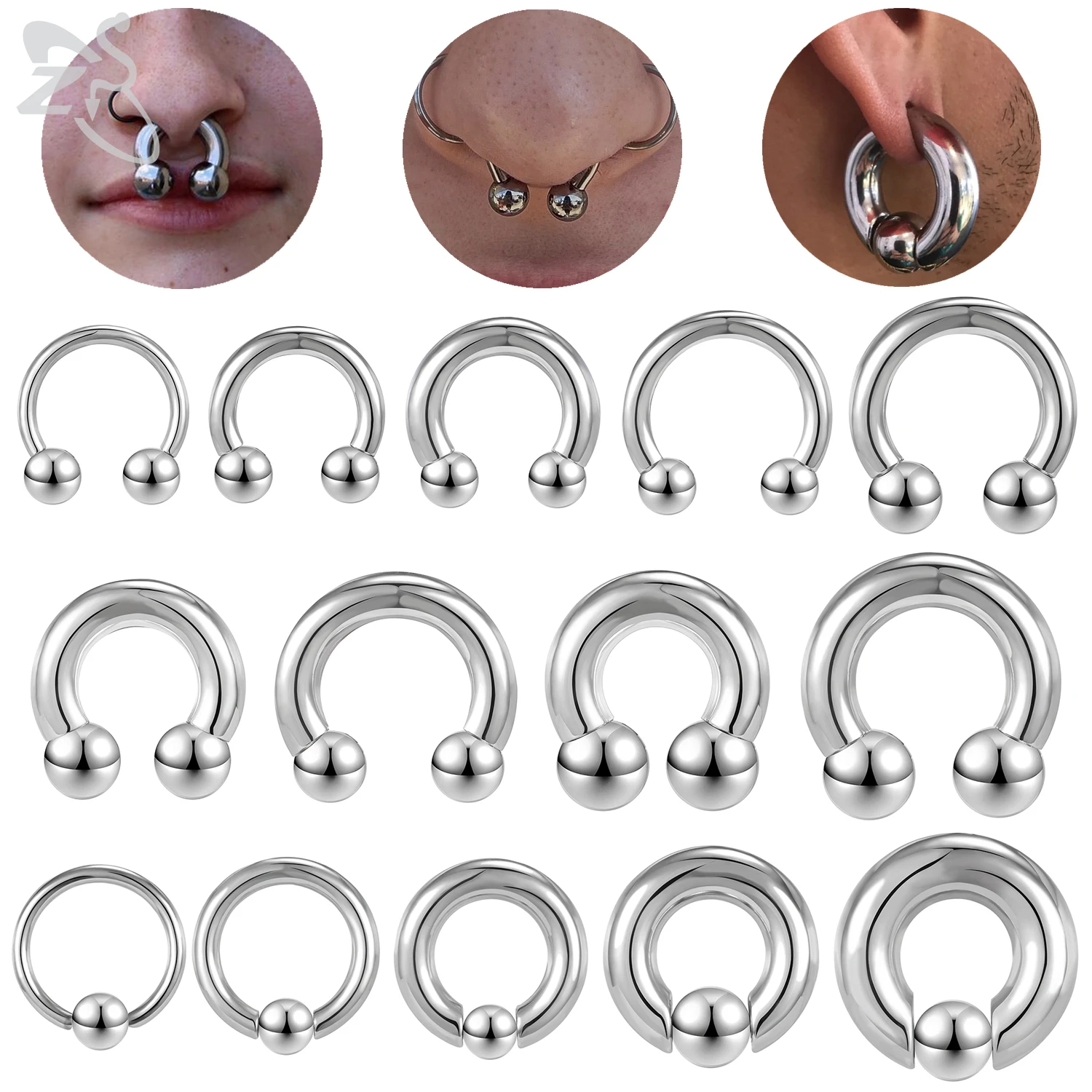 ZS 1 PC 2/4/6/8G Stainelss Steel Horseshoe Nose Ring Internal Threaded Large Gauge Piercings Noses Ear Expander Septum Piercing