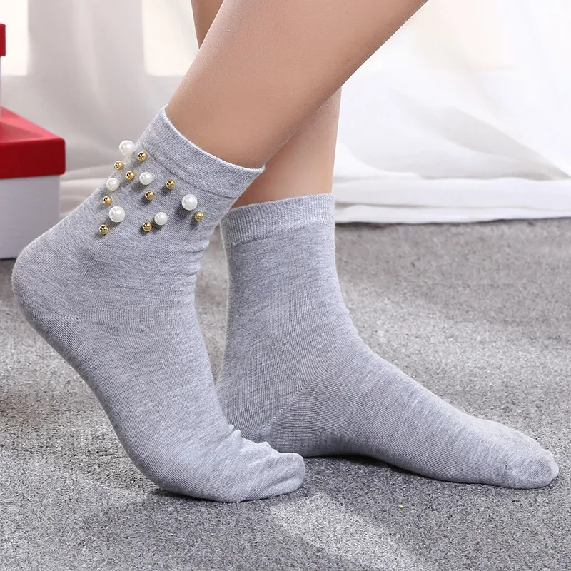Fashion Women Solid Color Casual Socks w/ Pearls Decoration Ladies Short Cotton Socks 3
