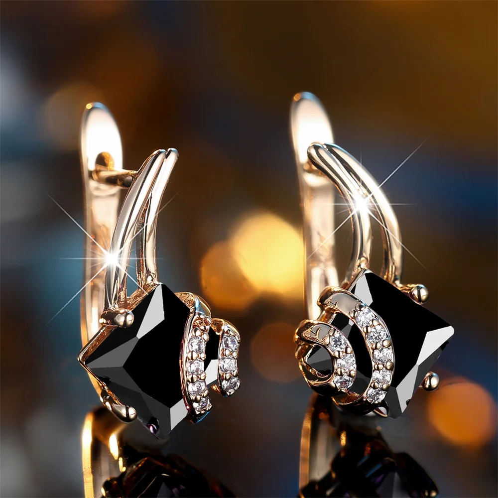 Geometric Square Stone Retro Black Crystal Hoop Earrings For Women Vintage Gold Color Ear Buckle Wedding Jewelry Engagement Gift