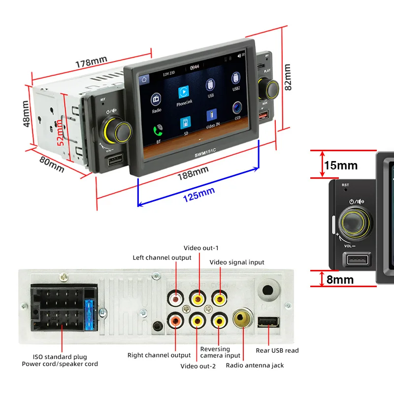 1 Din Car Radio CarPlay Android-Auto 5 Inch MP5 Player Bluetooth Hands Free A2DP USB FM Receiver Audio System Head Unit SWM151C