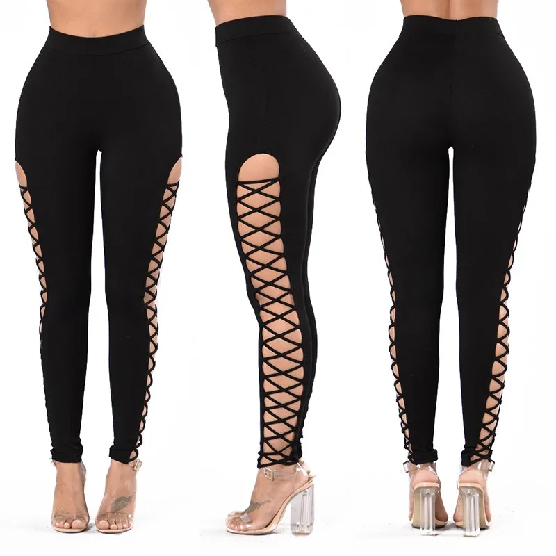 Autumn Winter 2024 New Women's Pants Sexy Elastic Pants with Broken Holes Casual Mid Personality Side Lace Pants