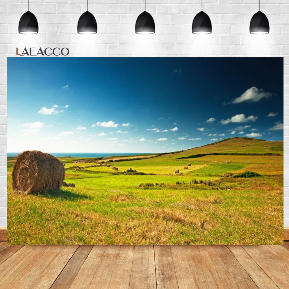 

Laeacco Autumn Countryside Backdrop Dusk Reaped Wheat Field Huge Hay Bales Nature Scenery Cowboy Portrait Photography Background