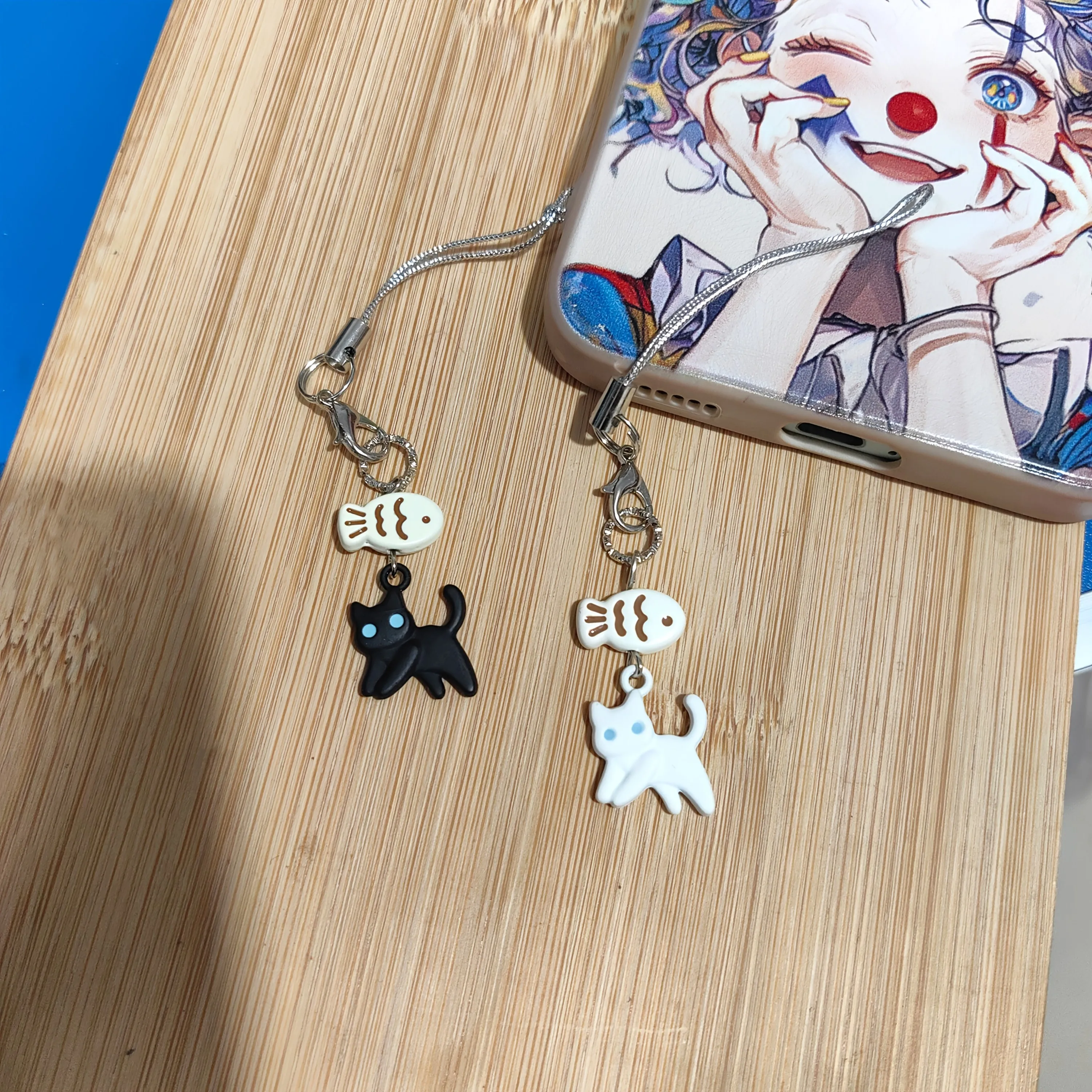 Adorable Black & White Cat and Fish Phone Charm & Keychain Pendant Set
