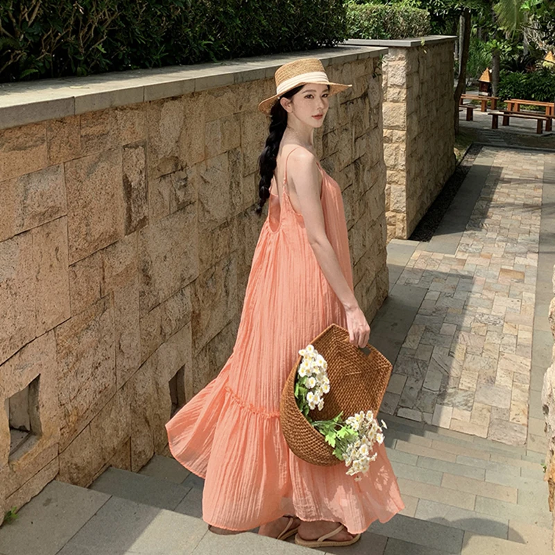 

2024 New Summer Fairy Strappy Dress Women Loose Long Backless Lolita Chic Robe Party Vacation Female Sweet Boho Tender Dresses