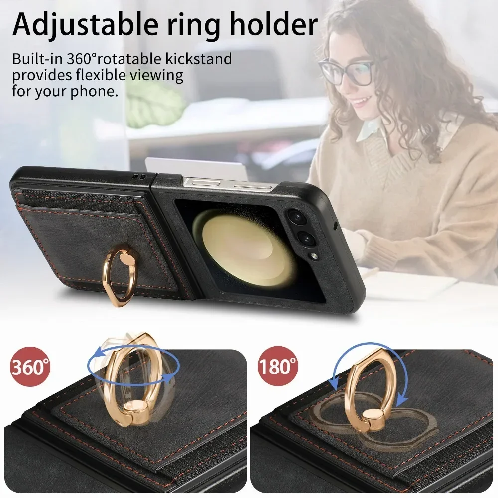 Vintage PU Leather Wallet Phone Case with Ring Card Slot Holder