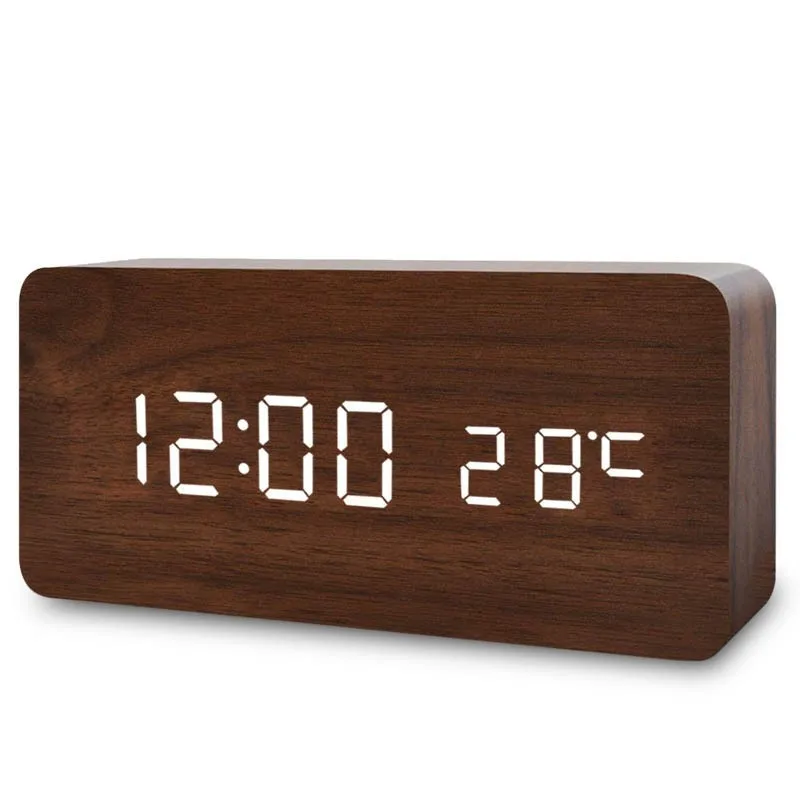 LED Wooden Digital Alarm Clock with Voice Control and USB/AAA Power Options