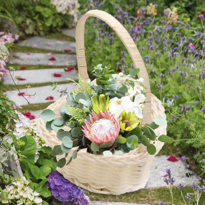 Hand-woven Wedding Flower Basket With Handle Wicker Sundries Basket Wedding Flower Girls Basket for Home Picnic Storage Basket 3