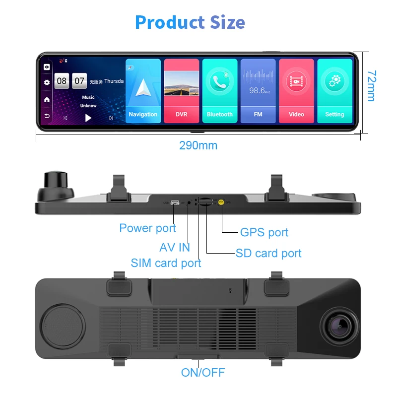 Anfilite 12" Car DVR Rearview Mirror 4G Android 8.1 Dash Cam 1080P Dual Lens Recorder ADAS Rear View Mirror GPS Camera Recorder