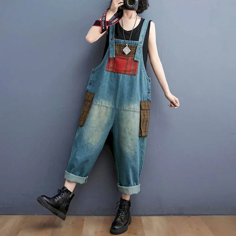

Denim Jumpsuits Women Patchwork Design Korean Style Overalls One Piece Outfit Women Rompers Casual Vintage Playsuits Harem Pants