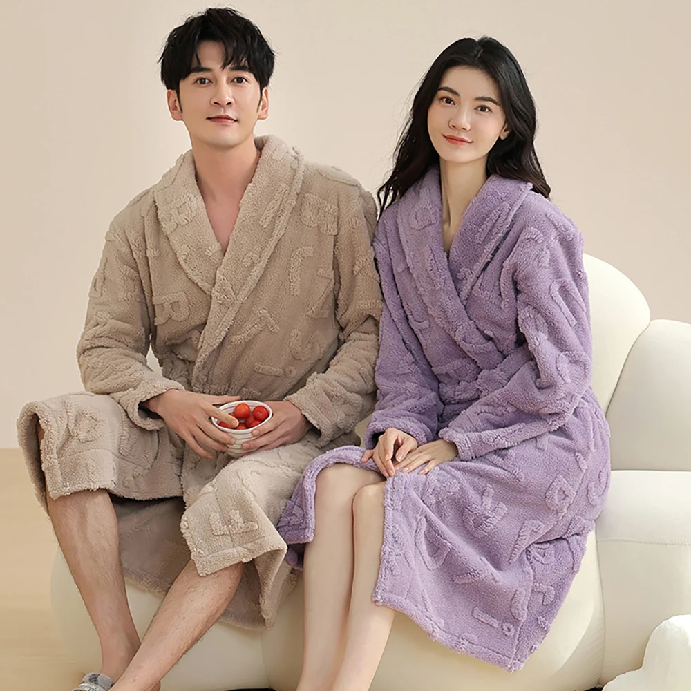 Thicken Jacquard Bathrobe Man Shower Robe Coral Fleece Warm Winter House Couple Sleepwear Korean Style Sweet Solid Dressing Gown