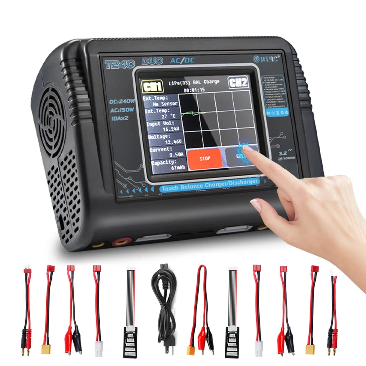 HTRC Lipo Charger T240/C240 DUO AC 150W DC 240W 10A Touch Screen Dual ...