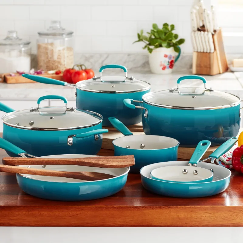 

The Pioneer Woman 12-Pieces Porcelain Enamel Classic Ceramic Cookware Set, Ombre Teal camp kitchen