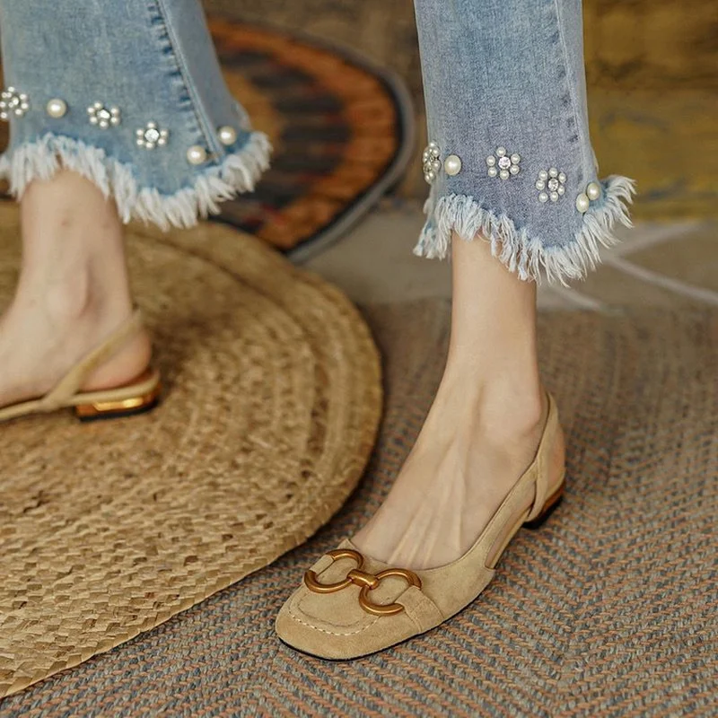 Retro Low-heeled Baotou Sandals Women Flats Slingback Suede Office Sandal Slip on women sandals women flats