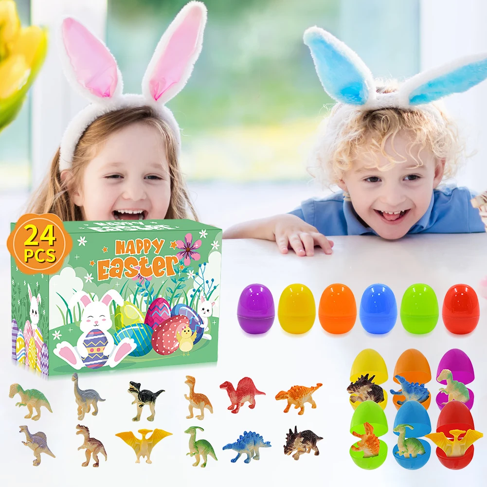 12Pcs Prefilled Easter Eggs Easter Basket Stuffers with Dinosaur Toys Filled Easter Egg Gift Colorful for Kids Toddlers