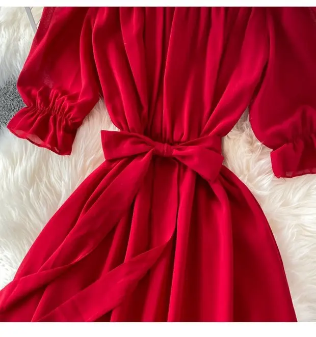 Beach Dress Women Sexy Off The Shoulder Slash Beach Chiffon Dresses Ladies Elegant A Line Bandage Party Dress Long Robe