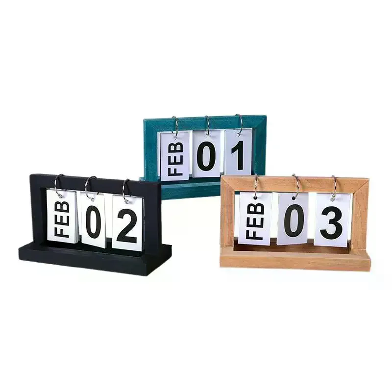 Calendario Perpetuo in Legno con Display a Fogli Mobili per Mese e Data, Pianificatore Giornaliero da Scrivania, Decorazione per Ufficio e Casa, Accessorio per Fotografia - immagine 5