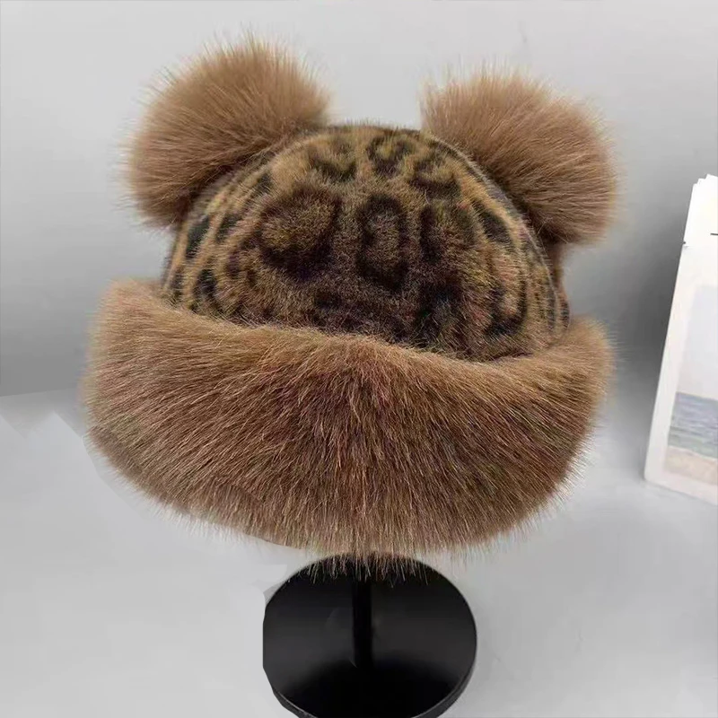Retro Leopard Plush Ears Bucket Hat Thicken Plush Warm Fur Hat For Women Cold Snowy Day Panama Cap Plush Windproof Fisherman Hat