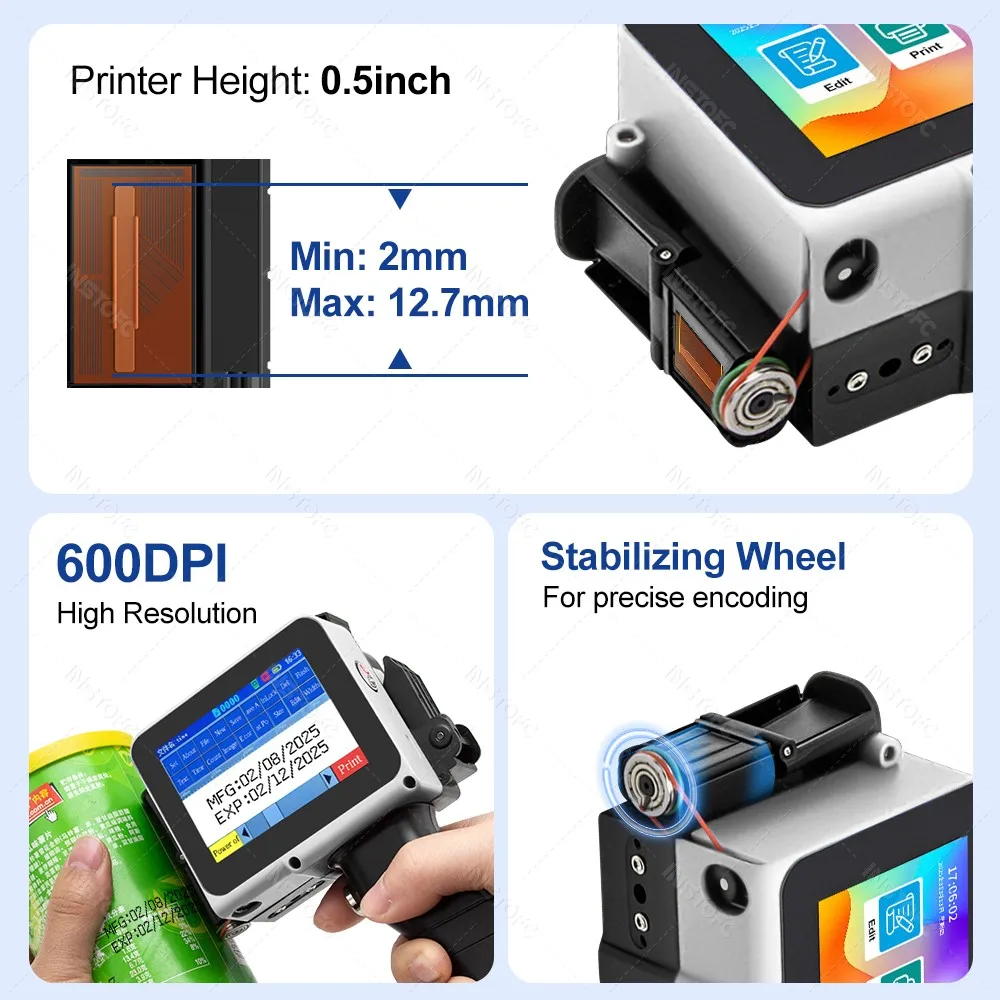 12.7mm ハンドヘルド インクジェット プリンター ラベル ミニ、ポータブル プリンター、QR バー バッチ コード 日付番号 ポータブル ミニ  ラベル プリンター 12.7mm ハンドヘルド バッチ番号 QR コード 有効期限 包装袋印刷 エンコーダー(Pr ハンドヘルド インクジェット ... 12.7mmポータブルミニハンドヘルドサーマルインクジェットプリンター（ブルー）テキストバーコード画像バッチ番号日付ラベルコーダー