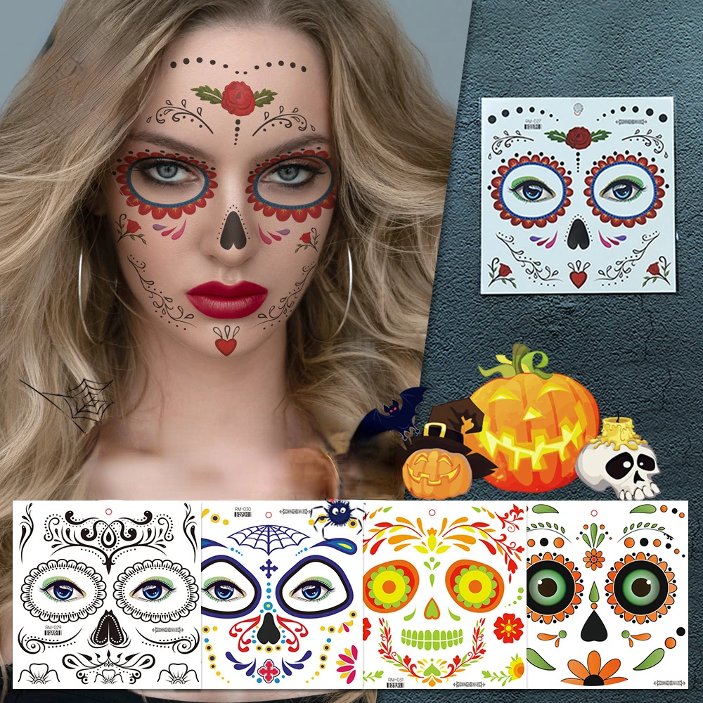 

1pcs Face Tattoo Sticker Day of The Dead Funny Halloween Temporary Make Up Body Art Face Sticker for Festival Masquerade Party