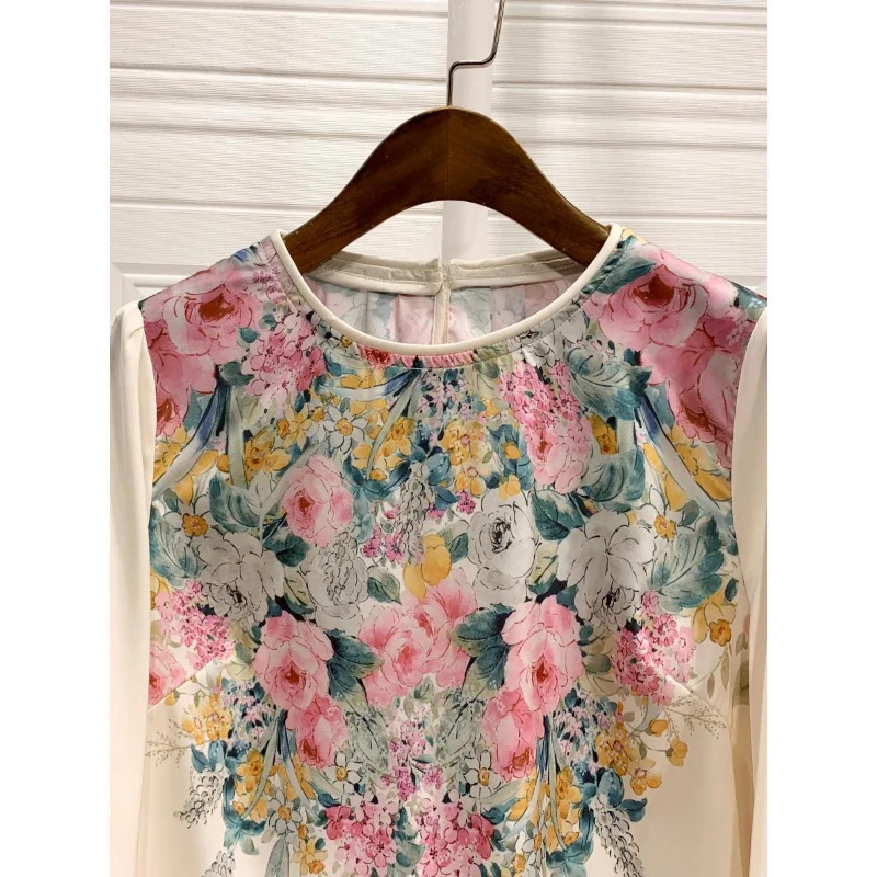 Chiffon Floral Women\'s Blouses Summer 2023 Printing Long Lantern Sleeves Shirts Loose Casual Korean O-Neck New Top YCMYUNYAN