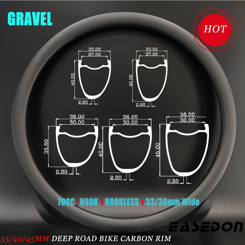 EASEDON Carbon Rim, 700C Road Bike 33 36mm Wide 35 40 45mm Deep Clincher Tubeless 27 30mm Inner Asymmetry Bicycle Wheel Disc Brake UD 3K 12K