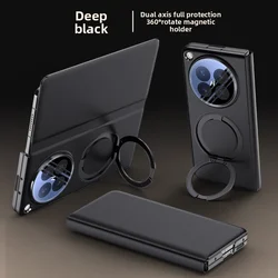 Luxury Leather Skin Protective Phone Case with 360 - Degree Ring Stand and Magnetic Lens Cover for OPPO Find N6 (Black)