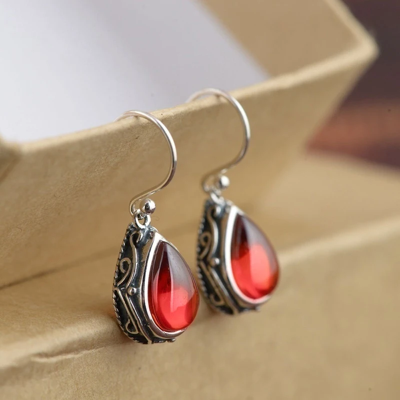 Huitan Waterdrop Red/Green Stone Dangle Earrings for Women Newly Designed Vintage Silver Color Female Daily Wear 2023 Jewelry
