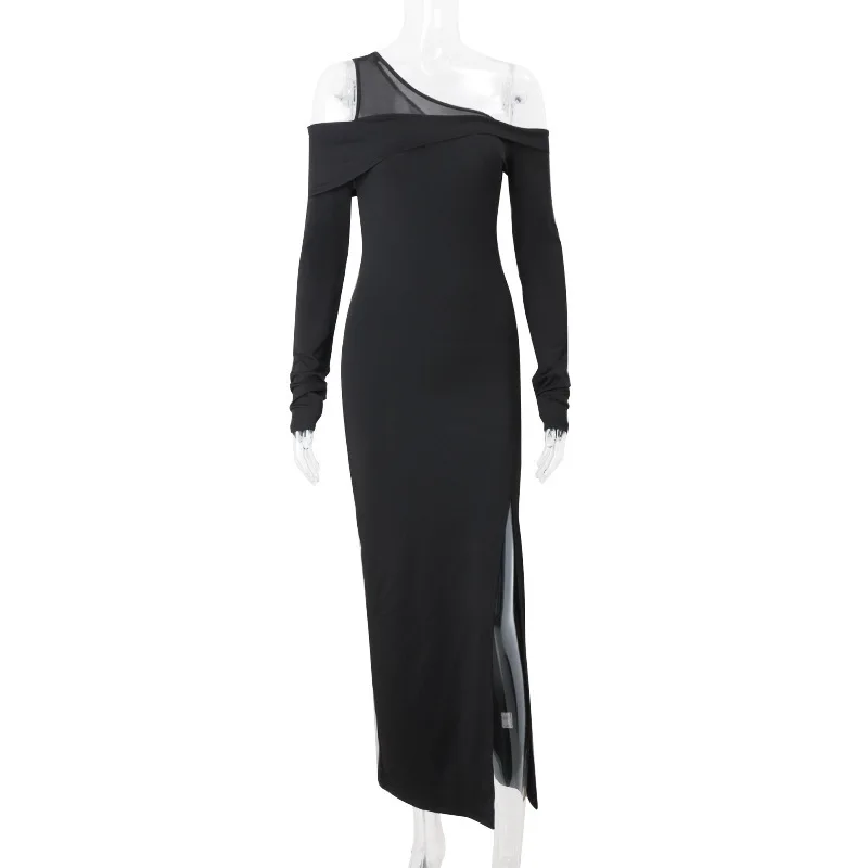 Elegant Mesh Patchwork Women Dress Fall New Sexy High Split Bodycon Long Sleeve Party Evening Dress Slim Vestido