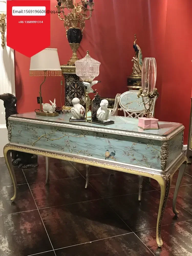 

Luxury French Chinese style hand-painted blue flower and bird silver foil 1.5m solid wood desk for foreign trade export