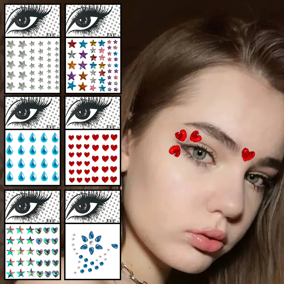 

Star Heart Women Face Jewelry Temporary Tattoos Eye Eyeliner Tears Diamonds Jewels Sticker 3D Shiny Gems Halloween Festival Rave