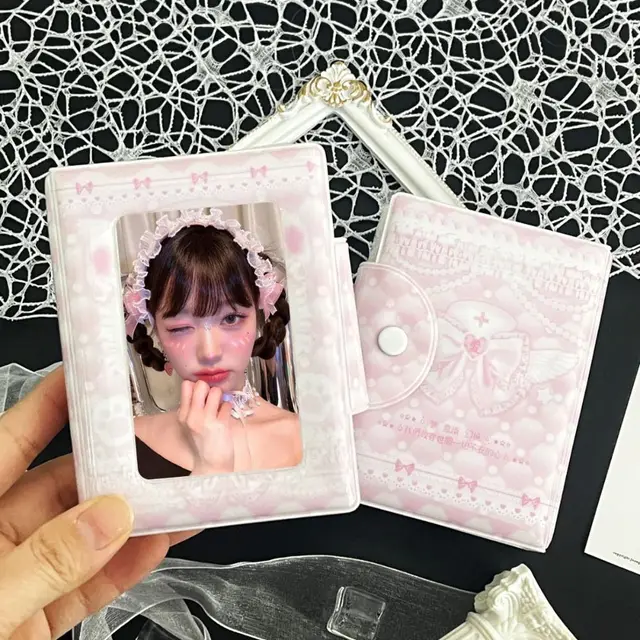Album de cartes à nœud d'amour rose en PVC avec 16 Pages internes, classeur de cartes photo, Album de cartes à collectionner, Mini livre de collecte de cartes idoles de 3 pouces 3