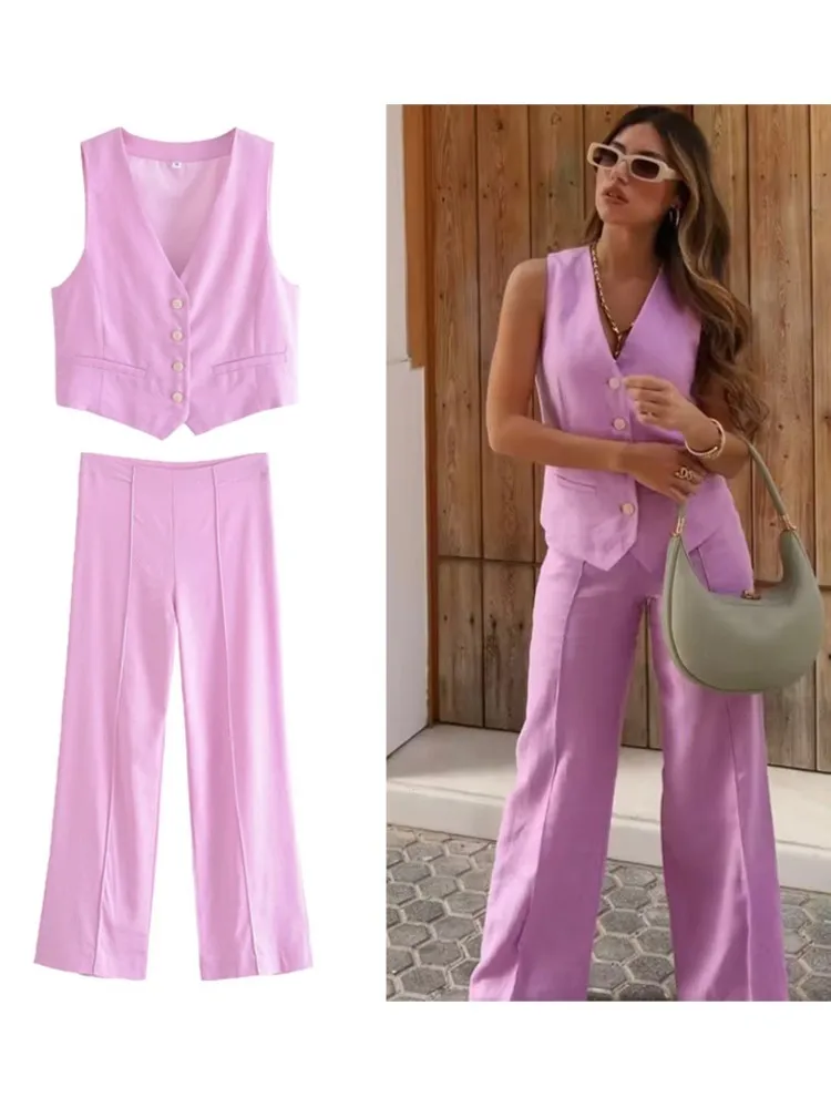 

Женский комплект из топа и брюк, летний комплект из двух предметов, тонкая льняная уличная одежда для отдыха, Элегантный жилет с V-образным вырезом и длинные прямые брюки, укороченный костюм без рукавов