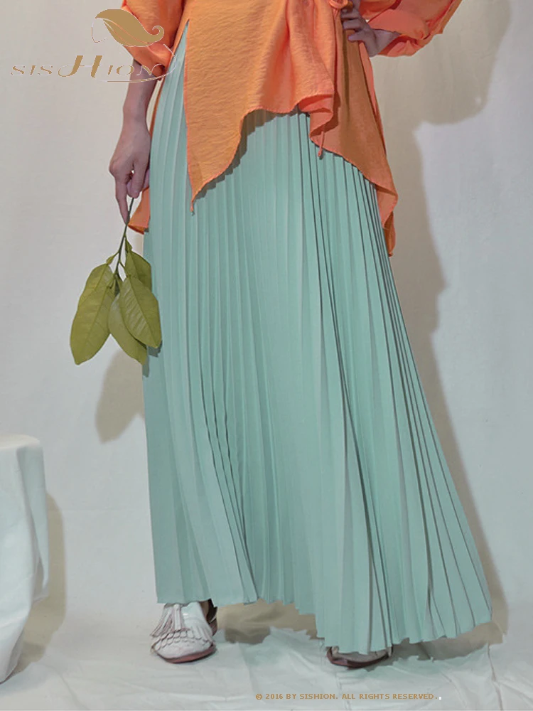 

SISHION Korean Fashion 2023 Women Long Summer Skirt RS008 Navy Blue Pink Solid Color Yellow Elastic Waist Pleated Skirts