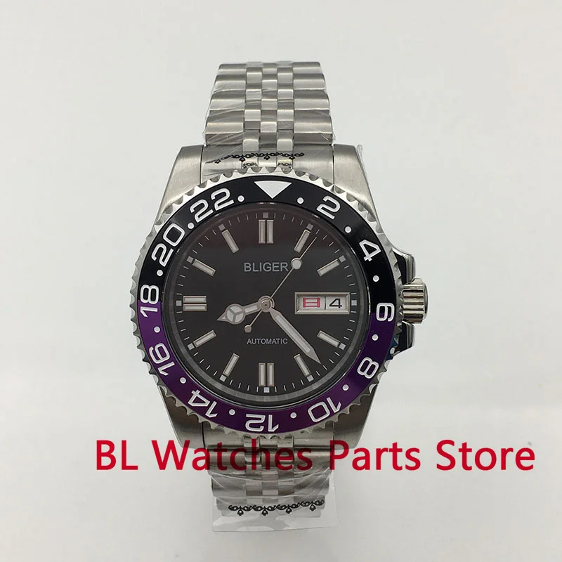 

Bliger 40mm Black Dial Mens Automatic Watch NH36A Movement Sapphire Glass Date Week Function Green Luminous Jubilee Strap