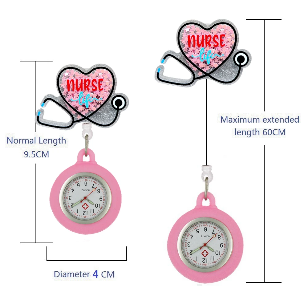 Sliding Shiny Stars Plastic Retractable Hospital Medical Icons Heart Nurse Doctor FOB Pocket Watches Clip Hang Medicine Clock pocket watch