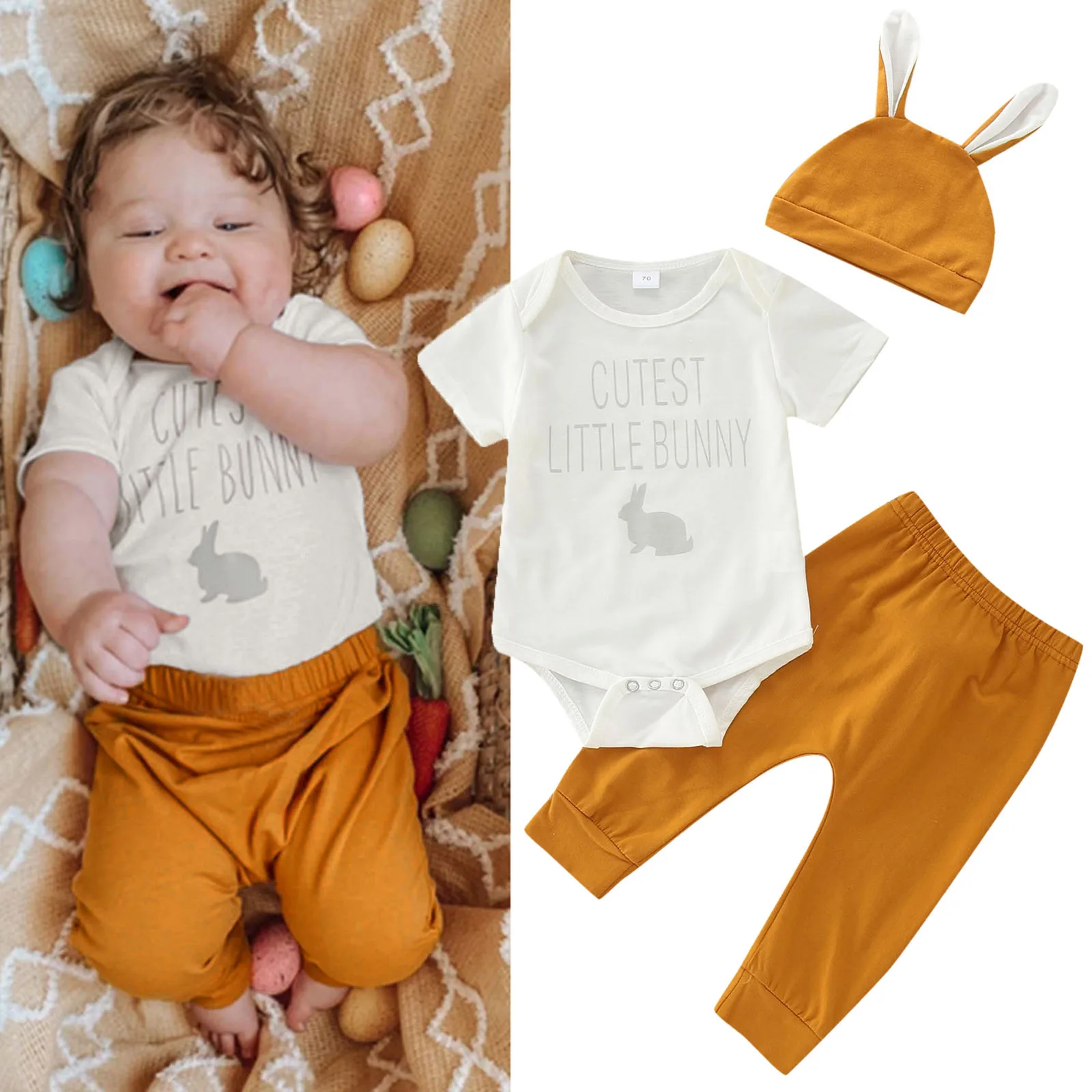 

3 6 9 12M Infant Baby Boys Girls Easter Clothes Set 3pcs Letter Print Short Sleeve Romper Casual Pants Bunny Hat Easter Clothing