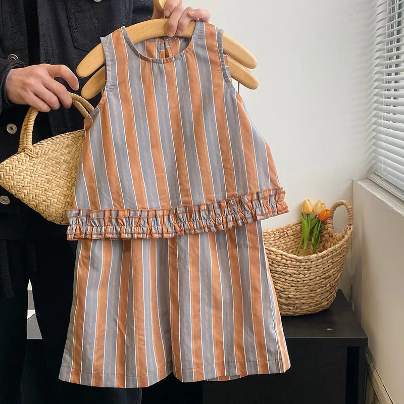 

Toddler Girl Clothes Children Striped Sleeveless Shirt and Loose Wide Leg Pants Set 2ps Kids Clothes Girls Kids Boutique Clothes