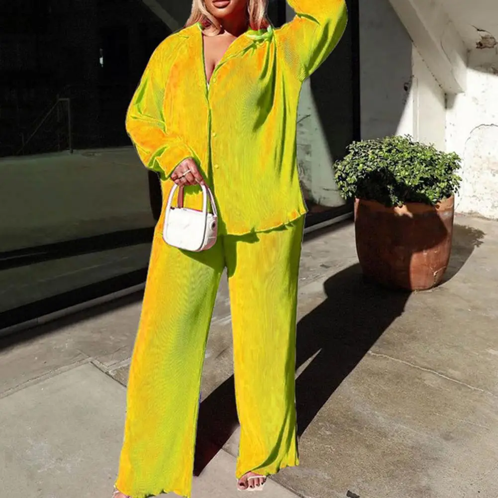 

Повседневная Свободная стильная одежда, стильный женский комплект из рубашки и брюк с отложным воротником, Топ с длинным рукавом и широкими штанинами, модная одежда