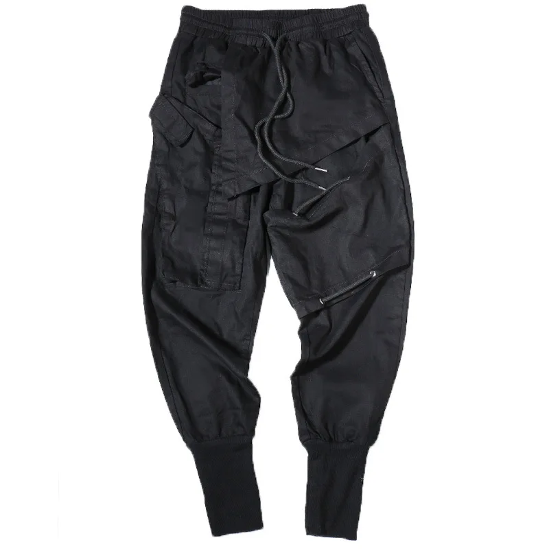 Tactical Functional Cargo Trousers Men Hip Hop Streetwear Elastic Waist Pants Joggers Irregular Multi-pocket Pant Black WB520 6