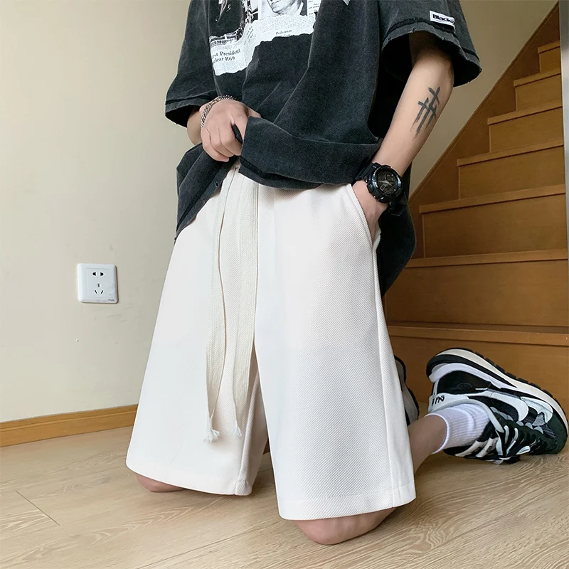 New Summer Men's Solid High Waist Elastic Loose Classic Casual Pants Pockets Drawstring Fashion Commuter All-match Shorts