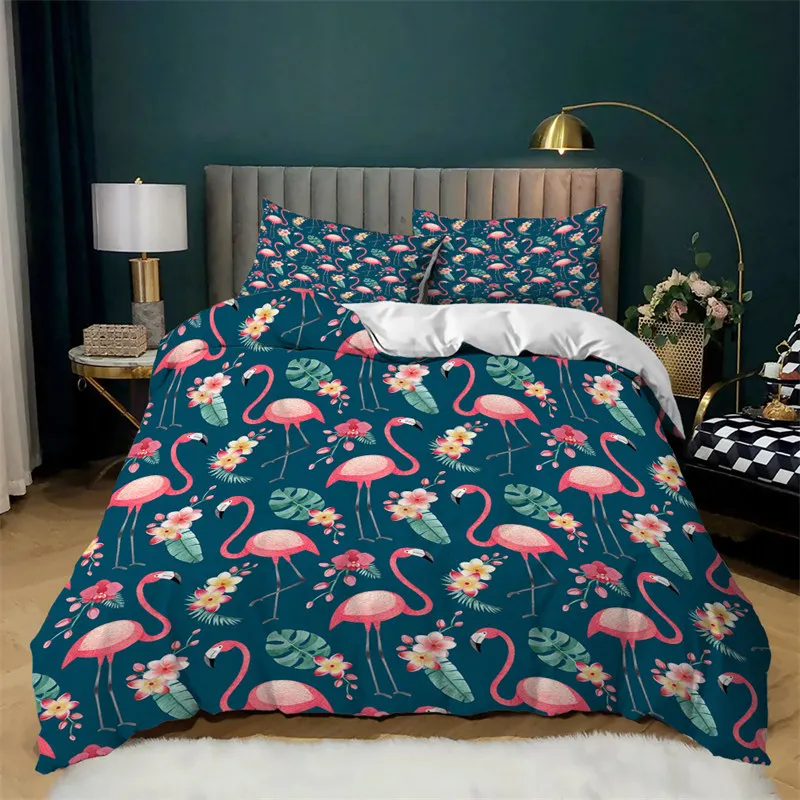 

Flamingo Duvet Cover Tropical Leaves Comforter Cover Microfiber Cartoon Animal Bedding Set King For Kids Teens Adults Room Decor