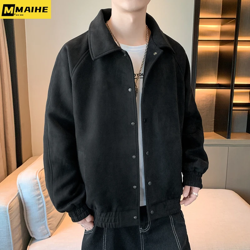 

Мужская бейсбольная куртка в стиле ретро, Повседневная японская ветрозащитная куртка с откидным воротником и оленем, однотонная куртка для работы, осень 2023