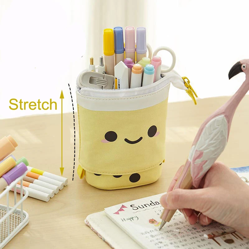 Kawaii Stationery Pearl Milk Tea Pencil Case Canvas Stand Up Pop Up Pencil Box Cute Pouch Makeup Pen Bag School Supplies pencil cases stationery box pen storage bag
