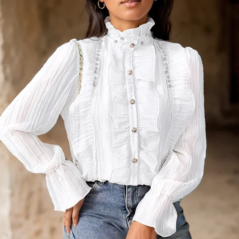 

2023 Pleated Blusas Simple Ruffles Lace Shirt New Flare Long Sleeve Ruffled Stand Collar Blouse Women Fashion Elegant Tops 30049