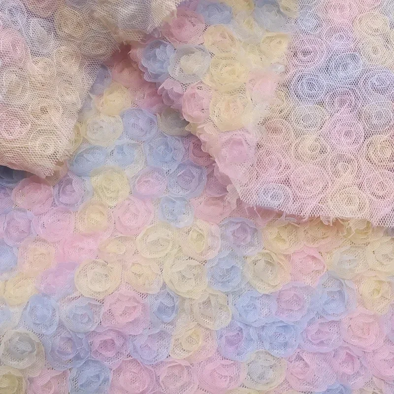 3D Rose Flowers Tulle Fabric Colorful Mesh Exquisite Stretch Three-Dimensional Roses Embroidery DIY Wedding Party Dress Fabric