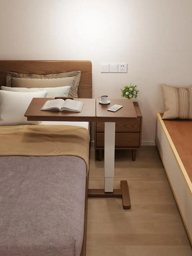 Solid Wood Bedside Table With Wheeled Movable Lifting Laptop Desk Sofa Side Table Small Bed